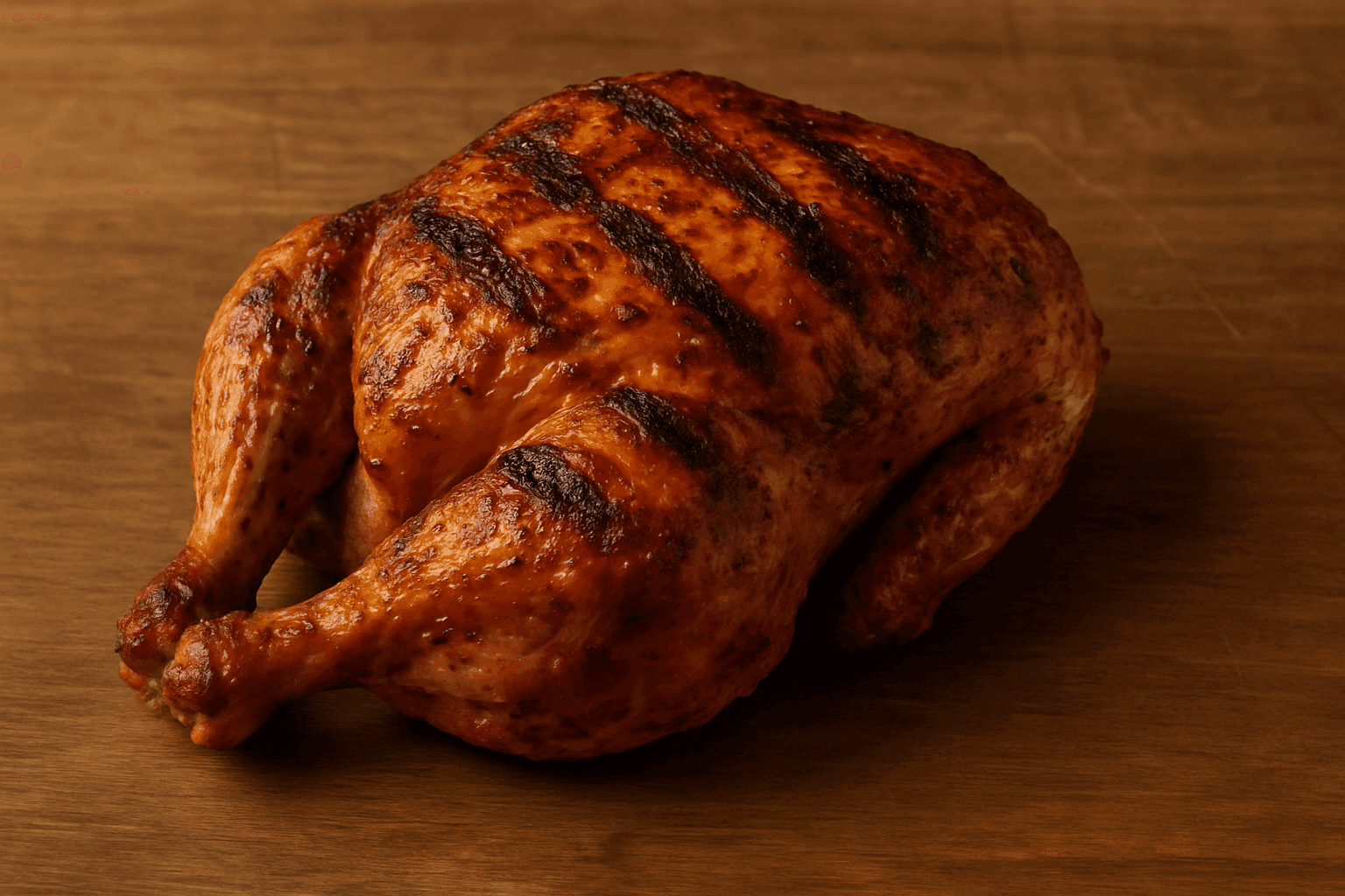 Pollo asado al carbón entero, con piel crujiente y marcas de parrilla, servido solo sobre tabla de madera rústica en el Asador AR TANGO de Montequinto (Dos Hermanas).