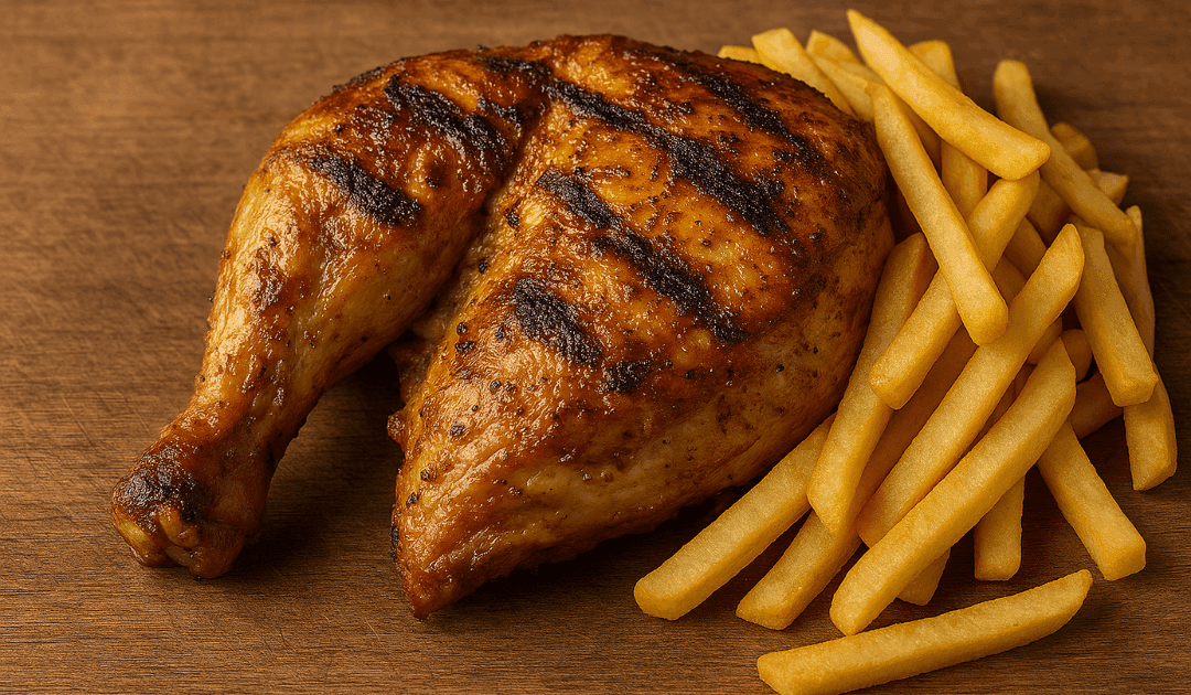 Medio pollo asado al carbón con patatas fritas doradas, estilo casero, servido en el Asador AR TANGO, Montequinto (Dos Hermanas).