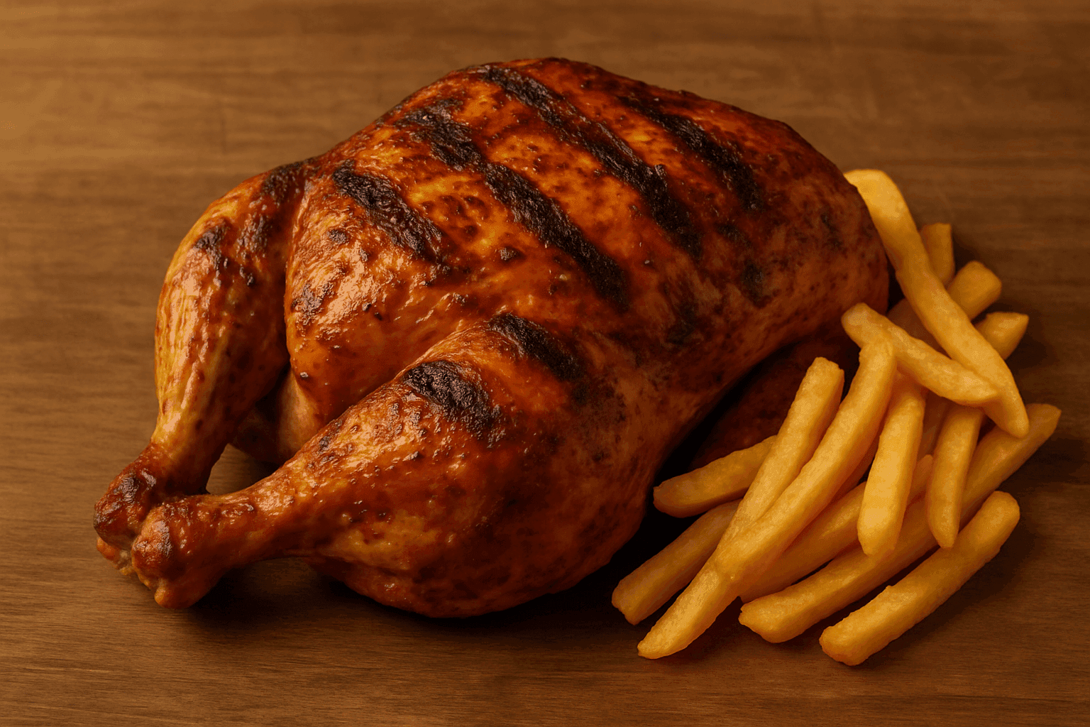 Pollo entero al carbón acompañado de patatas fritas doradas, presentado sobre fondo de madera en el Asador AR TANGO, Montequinto, Dos Hermanas.