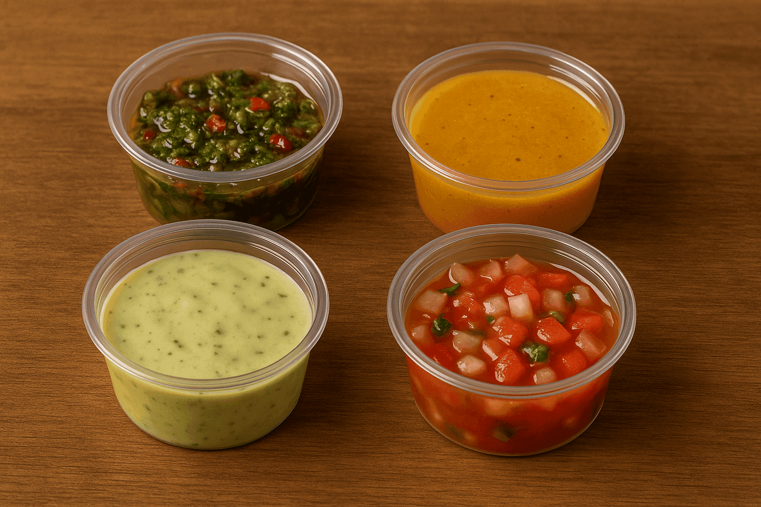 Cuatro recipientes con salsas argentinas: chimichurri, criolla, al limón y suave, servidas en el Asador AR TANGO, Montequinto, Sevilla.
