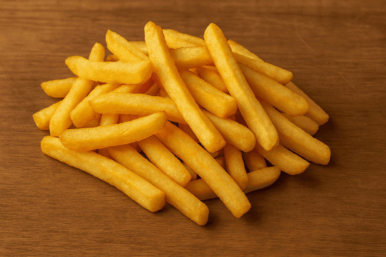 Ración de patatas fritas caseras, doradas y crujientes, sobre fondo de madera en el Asador AR TANGO, Montequinto (Dos Hermanas).